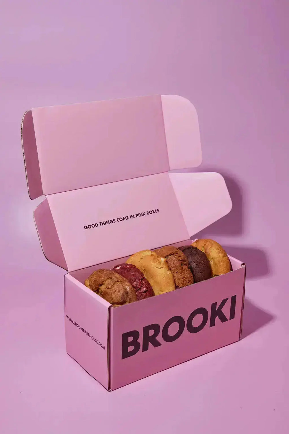 Brooki Signature Cookie Box, open with six chunky cookies inside